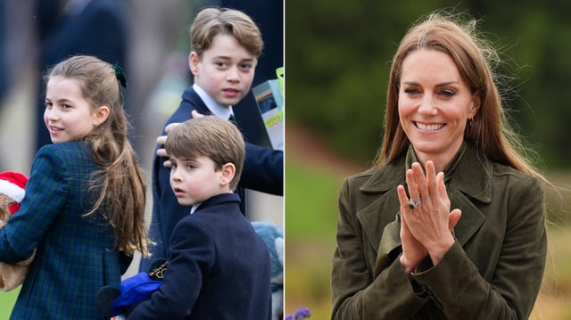 Princess Charlotte, Prince Louis, and Prince George look surprised while holding Christmas gifts, as their mom Kate Middleton looks happy