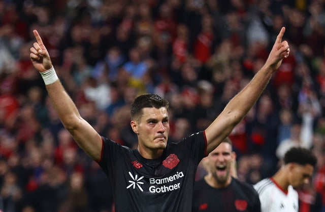 Soccer Football - Bundesliga - Bayer Leverkusen v Eintracht Frankfurt - BayArena, Leverkusen, Germany - September 12, 2025 Bayer Leverkusen's Patrik Schick celebrates scoring their second goal REUTERS/Thilo Schmuelgen/File Photo