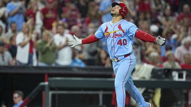 Aug 30, 2025; Cincinnati, Ohio, USA; St. Louis Cardinals first baseman Willson Contreras (40) reacts after hitting a solo home run against the Cincinnati Reds in the seventh inning at Great American Ball Park. Mandatory Credit: Aaron Doster-Imagn Images