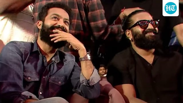 Jr NTR and Rishab Shetty during the pre-release event of Kantara Chapter 1.