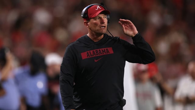 Sep 27, 2025; Athens, Georgia, USA; Alabama Crimson Tide head coach Kalen DeBoer looks on in the second half against the Georgia Bulldogs at Sanford Stadium. Mandatory Credit: Brett Davis-Imagn Images