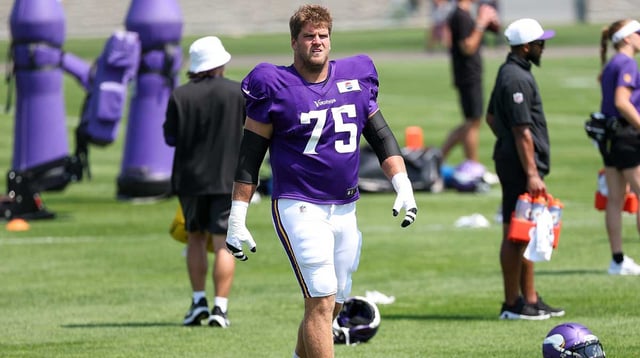 Jul 28, 2025; Eagan, MN, USA; Minnesota Vikings offensive tackle Brian O'Neill (75) takes part in drills during the teams training camp at the Minnesota Vikings Training Facility. Mandatory Credit: Matt Krohn-Imagn Images