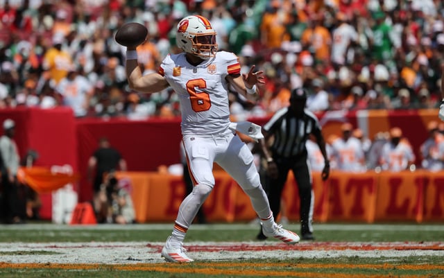 Sep 21, 2025; Tampa, Florida, USA; Tampa Bay Buccaneers quarterback Baker Mayfield (6) throws the ball against the New York Jets during the second quarter at Raymond James Stadium. Mandatory Credit: Kim Klement Neitzel-Imagn Images/File Photo