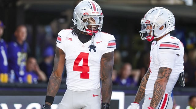 Sep 27, 2025; Seattle, Washington, USA; Ohio State Buckeyes wide receiver Jeremiah Smith (4) celebrates with wide receiver Brandon Inniss (1) after catching a touchdown pass against the Washington Huskies during the second quarter at Husky Stadium. Mandatory Credit: Joe Nicholson-Imagn Images