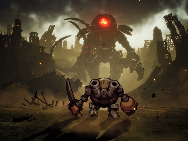 a small mech with a machete squares up ahainst a colossal robot, real david and goliath vibes