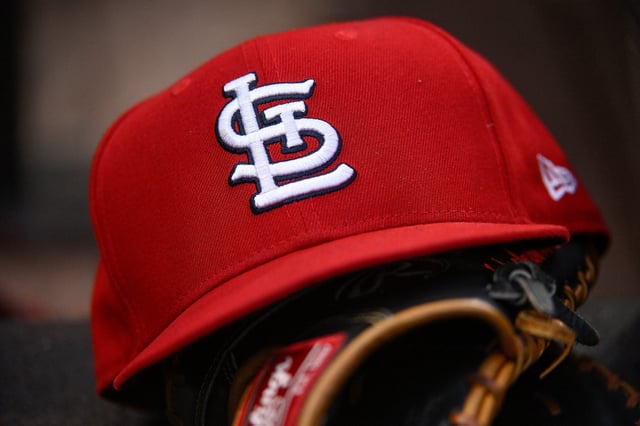 ST LOUIS, MO - MAY 15: A close up view of a St. Louis Cardinals hat in the dug out during a game against the Milwaukee Brewers at Busch Stadium on May 15, 2023 in St Louis, Missouri. (Photo by Joe Puetz/Getty Images)