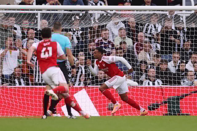 Soccer Football - Premier League - Newcastle United v Arsenal - St James' Park, Newcastle, Britain - September 28, 2025 Arsenal's Gabriel Magalhaes celebrates scoring their second goal Action Images via Reuters/Lee Smith