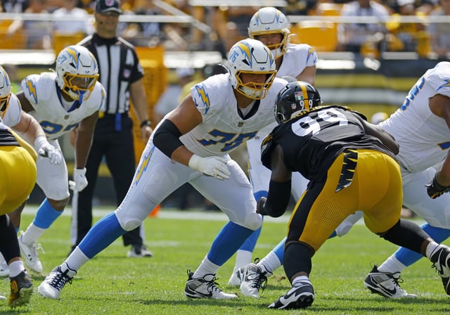 PITTSBURGH, PA - SEPTEMBER 22: Joe Alt #76 of the Los Angeles Chargers in action against the Pittsburgh Steelers on September 22, 2024 at Acrisure Stadium in Pittsburgh, Pennsylvania. Chargers first-round pick Jot Alt to miss time.