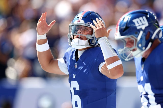 Jaxson Dart #6 of the New York Giants reacts against the Los Angeles Chargers during the first quarter in the game at MetLife Stadium on September 28, 2025 in East Rutherford, New Jersey.