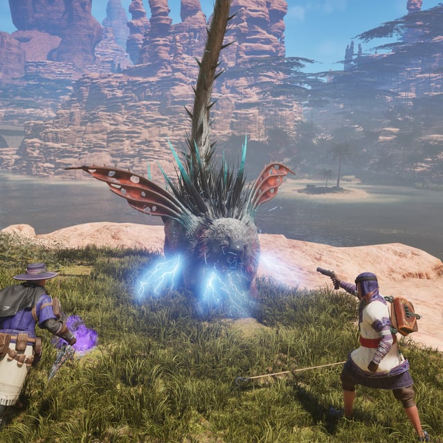 two adventurers fighting a beast by a lake