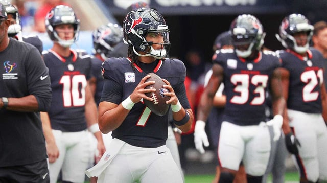 Sep 28, 2025; Houston, Texas, USA; Houston Texans quarterback CJ. Stroud (7) warms up before a game against the Tennessee Titans at NRG Stadium. Mandatory Credit: Troy Taormina-Imagn Images