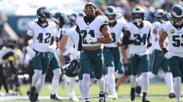 Sep 21, 2025; Philadelphia, Pennsylvania, USA; Philadelphia Eagles safety Sydney Brown (21) before action against the Los Angeles Rams at Lincoln Financial Field. Mandatory Credit: Bill Streicher-Imagn Images