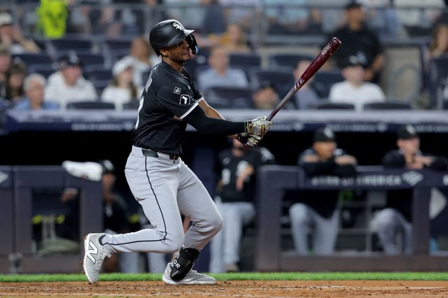 Sep 25, 2025; Bronx, New York, USA; Chicago White Sox right fielder Michael A. Taylor (21) follows through on a two run home run against the New York Yankees during the fourth inning at Yankee Stadium. Mandatory Credit: Brad Penner-Imagn Images/File Photo