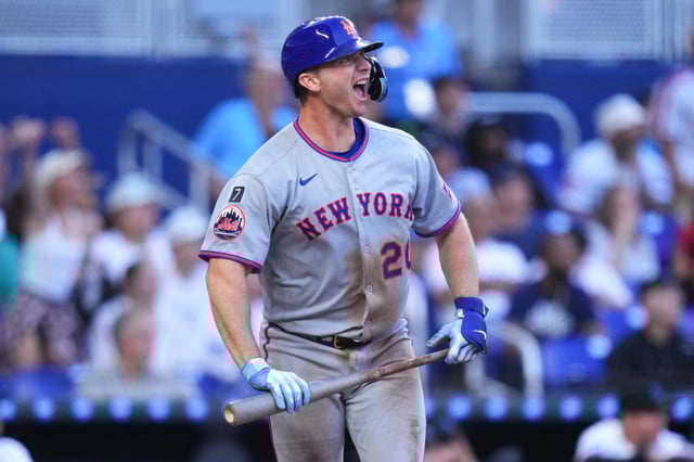 MIAMI, FLORIDA - APRIL 02: Pete Alonso #20 of the New York Mets reacts after hitting a three-run home run against the Miami Marlins during the eighth inning at loanDepot park on April 02, 2025 in Miami, Florida.