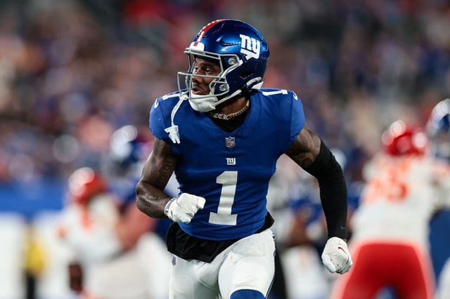 Malik Nabers #1 of the New York Giants runs downfield during the game against the Kansas City Chiefs at MetLife Stadium on September 21, 2025.
