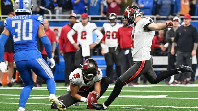 Jan 21, 2024; Detroit, Michigan, USA; Tampa Bay Buccaneers place kicker Chase McLaughlin (4) kicks a field goal against the Detroit Lions during the first half in a 2024 NFC divisional round game at Ford Field. Mandatory Credit: David Reginek-USA TODAY Sports