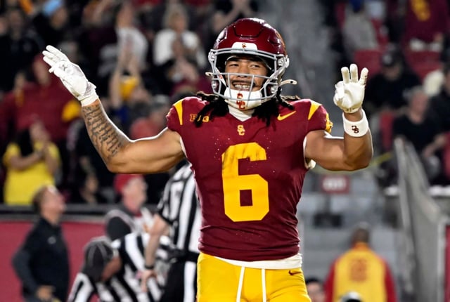 Wide receiver Makai Lemon #6 of the USC Trojans celebrates after a touchdown against the Michigan State Spartans in the first half of a NCAA football game at the Los Angeles Memorial Coliseum in Los Angeles on Saturday, Sept. 20, 2025. (Photo by Keith Birmingham, Pasadena Star-News/ SCNG)