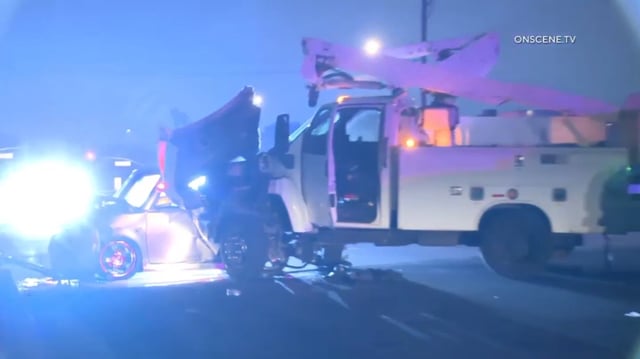 A utility truck crashes into several vehicles on Saturday, Sept. 27, 2025.