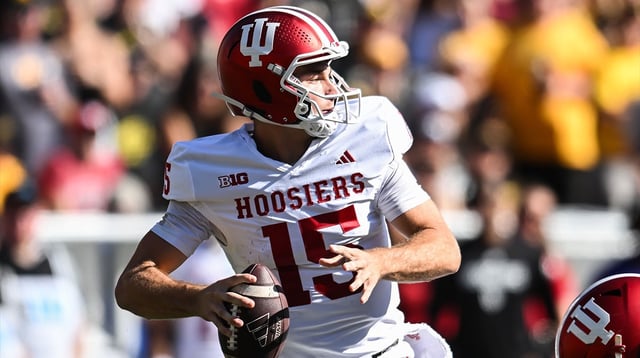Sep 27, 2025; Iowa City, Iowa, USA; Indiana Hoosiers quarterback Fernando Mendoza (15) throws a pass against the Iowa Hawkeyes during the second quarter at Kinnick Stadium. Mandatory Credit: Jeffrey Becker-Imagn Images