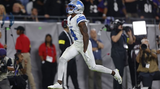 Sep 22, 2025; Baltimore, Maryland, USA; Detroit Lions cornerback DJ. Reed (4) reacts after causing a fumble against the Baltimore Ravens during the second half at M&T Bank Stadium. Mandatory Credit: Peter Casey-Imagn Images