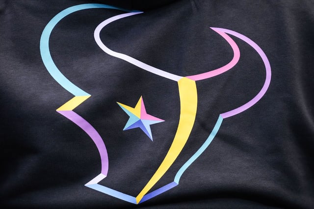 A Houston Texans logo designed for the Crucial Catch - cancer awareness game - is shown on a shirt before an NFL football game against the Tennessee Titans at NRG Stadium in Houston, Sunday, Sept. 28, 2025.
