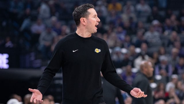 Dec 21, 2024; Sacramento, California, USA; Los Angeles Lakers head coach JJ Reddick argues a call during the second quarter of the game against the Sacramento Kings at Golden 1 Center. Mandatory Credit: Ed Szczepanski-Imagn Images