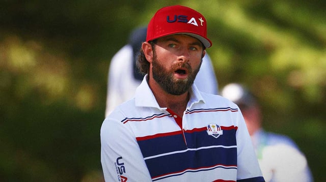 Sep 28, 2025; Bethpage, New York, USA; Team USA golfer Cameron Young plays on the 13th hole on the final day of competition for the Ryder Cup at Bethpage Black. Mandatory Credit: Peter Casey-Imagn Images
