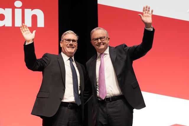 Britain's Prime Minister Keir Starmer and Australian Prime Minister Anthony Albanese, attend the Labour Party Conference in Liverpool, England, Sunday Sept. 28, 2025. 