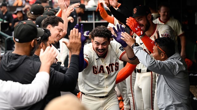 Sep 28, 2025; San Francisco, California, USA; San Francisco Giants shortstop Willy Adames (2) celebrates in the dugout after his solo home run against the Colorado Rockies in the first inning at Oracle Park. Mandatory Credit: Eakin Howard-Imagn Images
