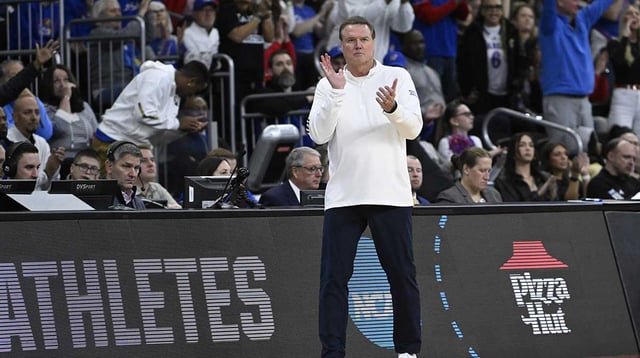 Mar 20, 2025; Providence, RI, USA; Kansas Jayhawks head coach Bill Self reacts during the first half against the Arkansas Razorbacks at Amica Mutual Pavilion. Mandatory Credit: Eric Canha-Imagn Images