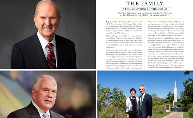 Clockwise from top left: President Russell M. Nelson, the 17th President of the Church, died on Sept. 27, 2025; The 30th anniversary of “The Family: A Proclamation to the World” was on Tuesday, Sept. 23, 2025; David A. Bednar of the Quorum of the Twelve Apostles and his wife, Sister Susan Bednar, pose for a photo at the Hill Cumorah Historic Site while visiting Church history sites in Palmyra, New York, on Thursday, Sept. 18, 2025; and Elder Ronald A. Rasband of the Quorum of the Twelve Apostles  gives a BYU devotional at the Marriott Center in Provo on Tuesday, Sept. 23, 2025