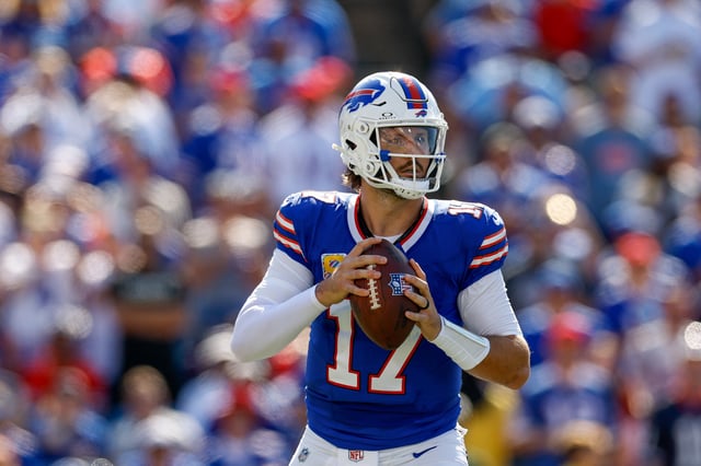 Josh Allen #17 of the Buffalo Bills looks down field during the second quarter of the NFL 2025 game against the New Orleans Saints at Highmark Stadium on September 28, 2025 in Orchard Park, New York