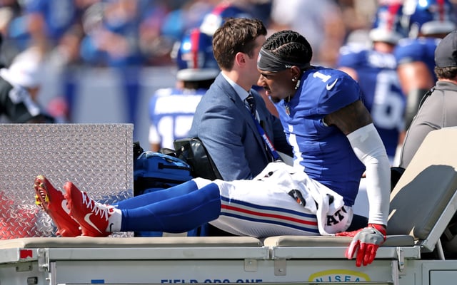 Malik Nabers #1 of the New York Giants reacts on the cart after being injured against the Los Angeles Chargers during the second quarter in the game at MetLife Stadium on September 28, 2025 in East Rutherford, New Jersey.