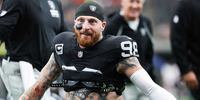 Sep 28, 2025; Paradise, Nevada, USA; Las Vegas Raiders defensive end Maxx Crosby (98) warms up prior to the game against the Chicago Bears at Allegiant Stadium. Mandatory Credit: Kiyoshi Mio-Imagn Images
