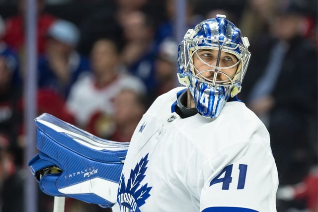 May 1, 2025; Ottawa, Ontario, CAN; Toronto Maple Leafs goalie Anthony Stolarz (41) glances over during a break in action in game six of the first round of the 2025 Stanley Cup Playoffs against the Ottawa Senators at Canadian Tire Centre. Mandatory Credit: Marc DesRosiers-Imagn Images/File Photo