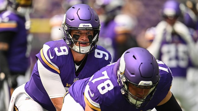 Aug 9, 2025; Minneapolis, Minnesota, USA; Minnesota Vikings quarterback J.J. McCarthy (9) and center Ryan Kelly (78) warm up before the game against the Houston Texans at U.S. Bank Stadium. Mandatory Credit: Jeffrey Becker-Imagn Images