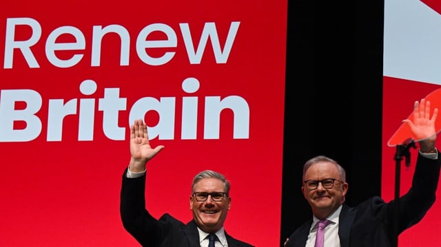 Keir Starmer and Anthony Albanese at the UK Labour Conference in Liverpool (Image: AAP/Lukas Coch)