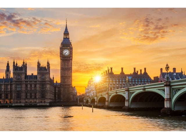 Big Ben and Westminster Bridge at sunset, London, UK