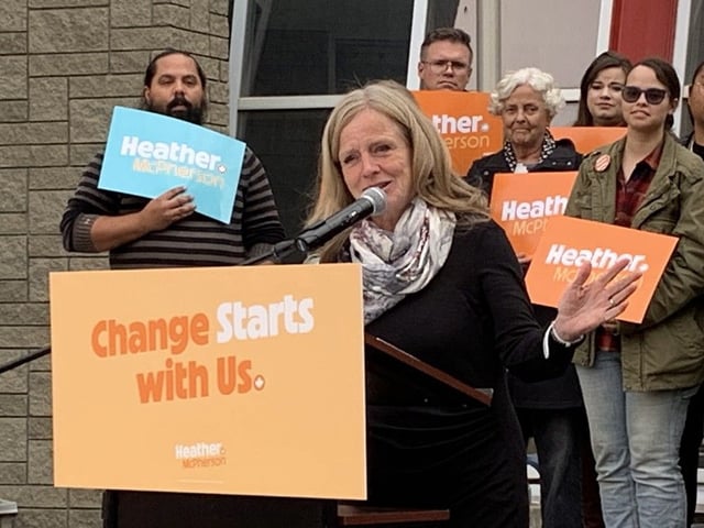 Rachel Notley speaks in support of Heather McPherson at La Cite Francophone in Edmonton, Sunday, Sept. 28 2025.