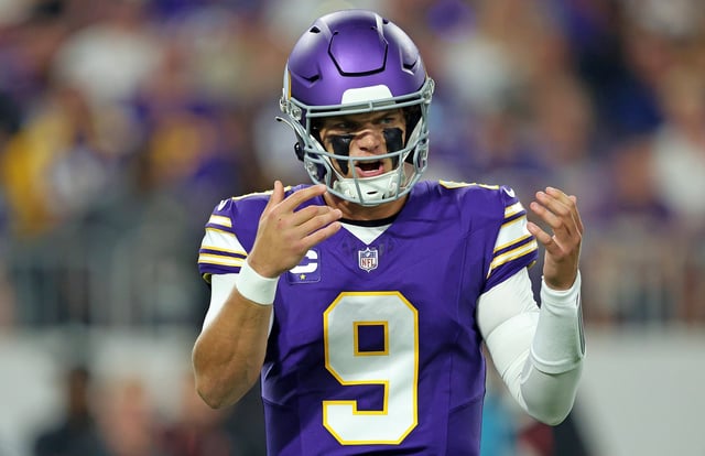 J.J. McCarthy #9 of the Minnesota Vikings reacts against the Atlanta Falcons in the first quarter during the NFL 2025 game at U.S. Bank Stadium on September 14, 2025 in Minneapolis, Minnesota.