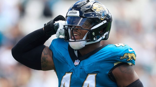 Jacksonville Jaguars defensive end Travon Walker (44) flexes after a sack on Houston Texans quarterback CJ. Stroud (7) during the first quarter of an NFL football matchup at EverBank Stadium, Sunday, Sept. 21, 2025, in Jacksonville, Fla. The Jaguars defeated the Texans 17-10.