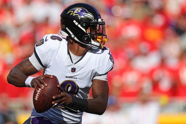Lamar Jackson #8 of the Baltimore Ravens looks to pass during the second quarter against the Kansas City Chiefs at Arrowhead Stadium on September 28, 2025 in Kansas City, Missouri.
