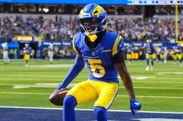 Rams wide receiver Tutu Atwell (5) celebrates after a touchdown against the Indianapolis Colts during the second hall of an NFL football game Sunday, Sept. 28, 2025, in Inglewood, Calif. (AP Photo/Marcio Jose Sanchez)