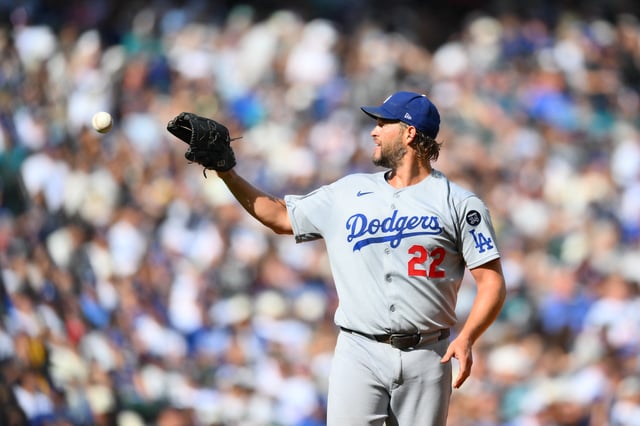 Sep 28, 2025; Seattle, Washington, USA; Los Angeles Dodgers starting pitcher Clayton Kershaw (22) during the sixth inning against the Seattle Mariners at T-Mobile Park. Mandatory Credit: Steven Bisig-Imagn Images/File Photo