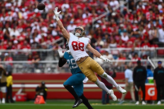 San Francisco 49ers tight end Jake Tonges (88) fails to catch a pass while being guarded by Jacksonville Jaguars safety Rayuan Lane III (25) in the second quarter of their NFL game at Levi’s Stadium in Santa Clara, Calif., on Sunday, Sept. 28, 2025. (Jose Carlos Fajardo/Bay Area News Group)