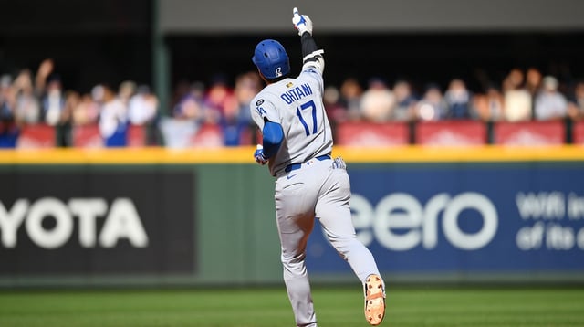 Sep 28, 2025; Seattle, Washington, USA; Los Angeles Dodgers designated hitter Shohei Ohtani (17) points to the bullpen while running the bases after hitting a home run against the Seattle Mariners during the seventh inning at T-Mobile Park. Mandatory Credit: Steven Bisig-Imagn Images
