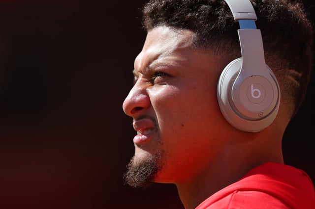 KANSAS CITY, MISSOURI - SEPTEMBER 28: Patrick Mahomes #15 of the Kansas City Chiefs looks on prior to a game against the Baltimore Ravens at Arrowhead Stadium on September 28, 2025 in Kansas City, Missouri. (Photo by David Eulitt/Getty Images)