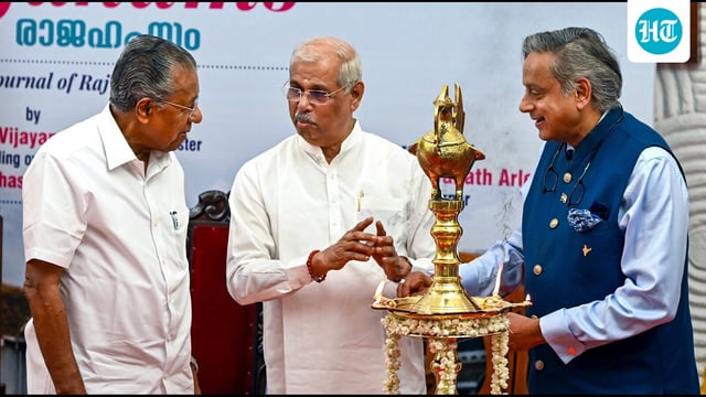 Kerala Governor Rajendra Arlekar, Chief Minister Pinarayi Vijayan and Congress MP Shashi Tharoor during the release of the inaugural edition of Rajahams on Sunday. (PTI)