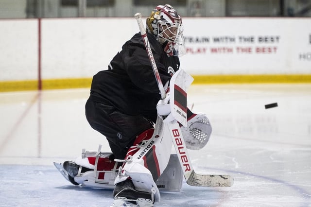 Ottawa Senators goalie Linus Ullmark (35) blocks a shot during training camp at the Sensplex in Ottawa, on Thursday, Sept. 18, 2025. THE CANADIAN PRESS/Spencer Colby
