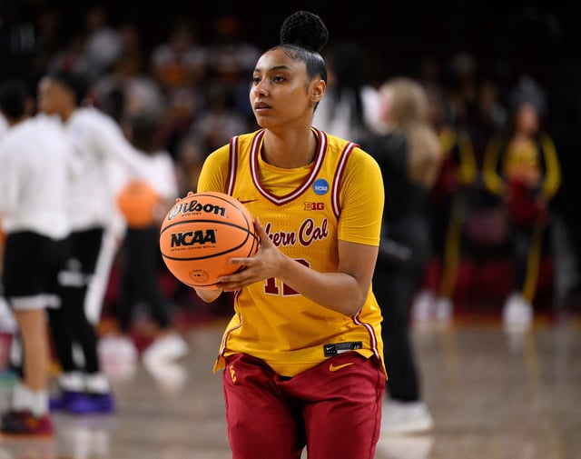 Southern California Trojans guard JuJu Watkins (12) during pregame warmups before an NCAA Tournament game against the Mississippi State Bulldogs in Los Angeles on March 24, 2025.